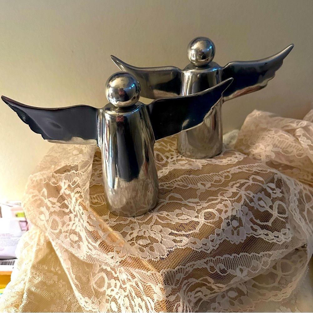 Silver Angel Figurines Silver Metal Set Of 2 Minimalist  Figurines Christmas